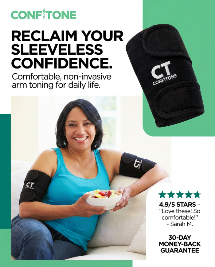 Advertisement for Confitone arm toning sleeves with a woman holding food, text about comfort and confidence, and product packaging.