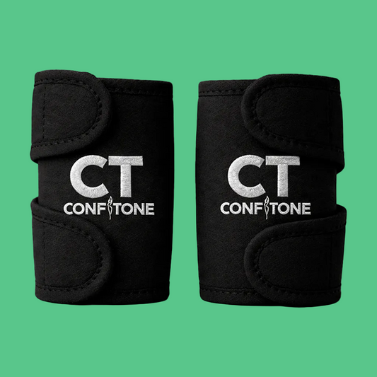 Pair of black wrist wraps with Confitone logo on a white background