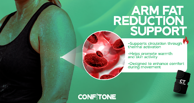 Advertisement for Confitone arm fat reduction support product with close-up of arm and red blood cell illustration.